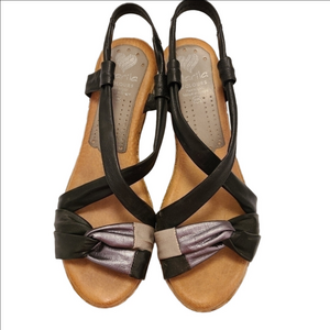 Boho Platform Open Toe Wedge Heel Strappy Sandals Black Silver Leather Size 39